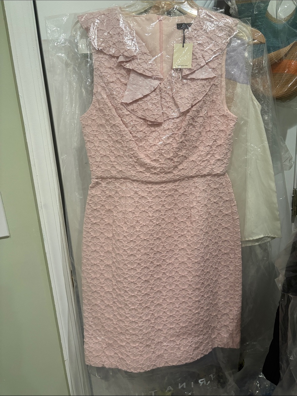 Sleeveless Lace Sheath Dress with Ruffle Collar - Blush Pink